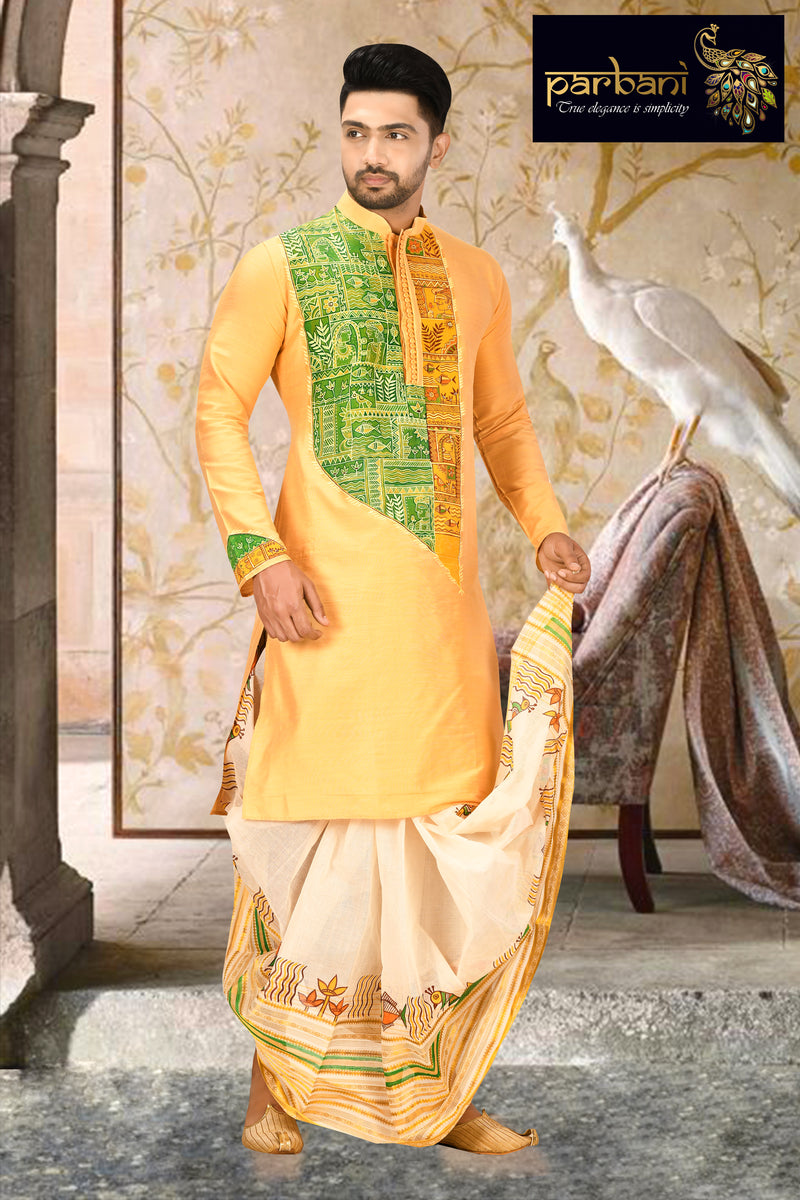 Parbani Men Ethnic Handcrafted Tasar Coloured Wedding Wear Dhuti