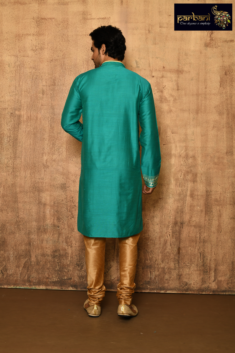 Parbani Men Stylish Sea Green Colour Kurta Highlighted with Heavy Embr PARBANI