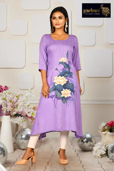 Buy Designer Kurti Embroidered Cotton in Purple Online - Kurtis