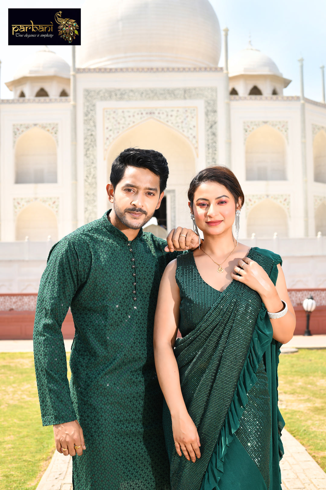 green emerald velvet dress Beautiful Chiffon Hand Made Dress in Dark Bottle Green Color – Nameera by  Farooq main image 0