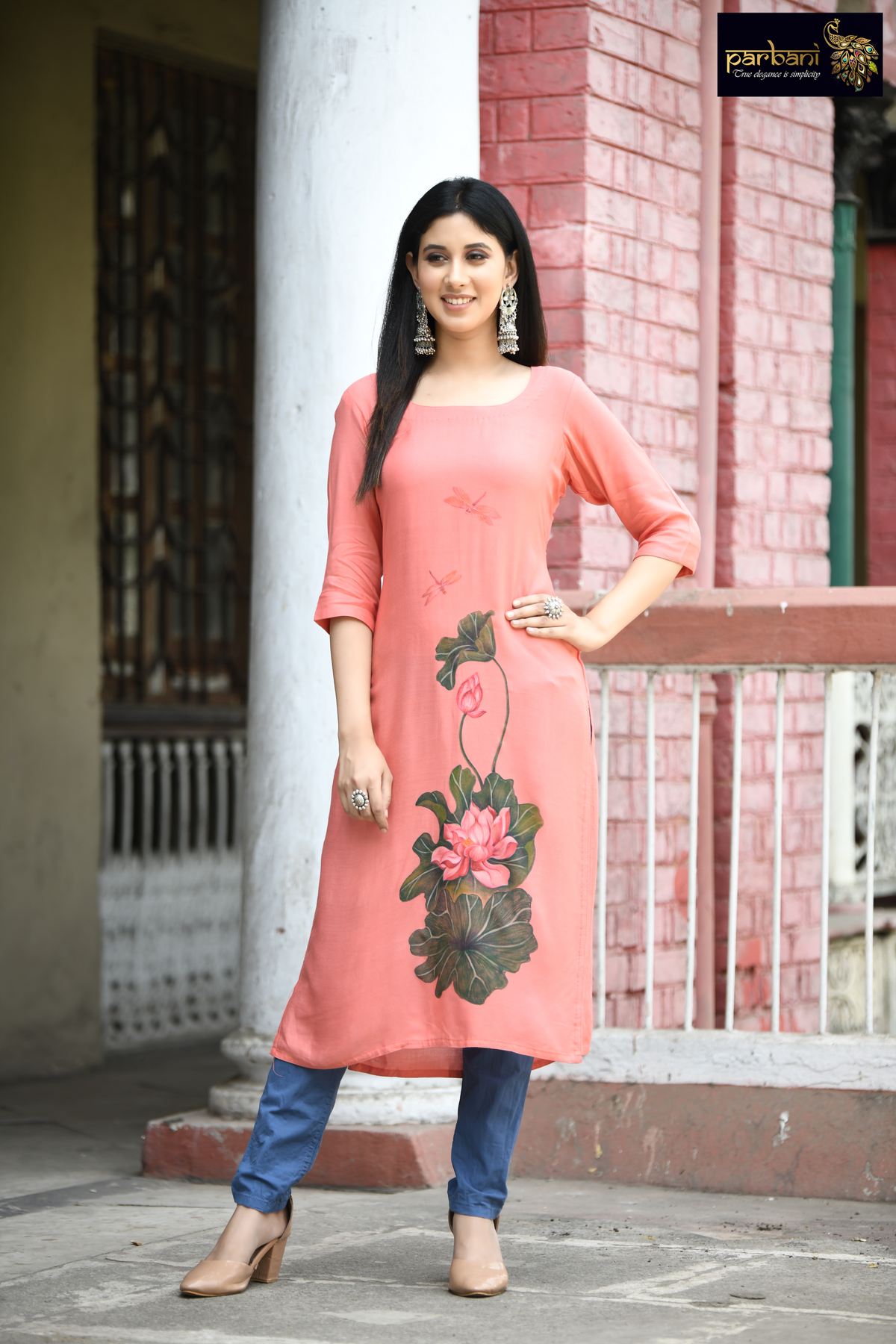 Straight Style Georgette Fabric Peach color Kurti with Thread, Mirror &  Beads work and Shantoon fabric Bottom with Georgette fabric Dupatta